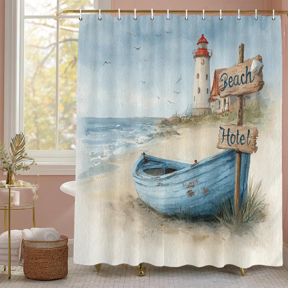 Blue Sea ocean beach scenery Theme Shower Curtain, Bathroom Decorative Shower Curtain, Print polyester Curtain with Hooks