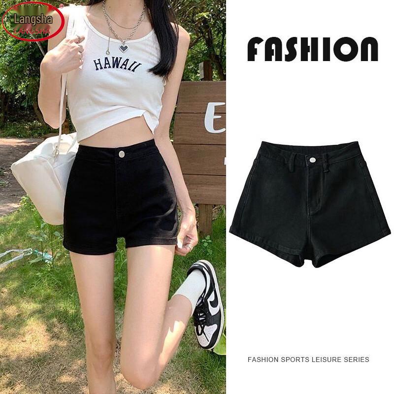 Langsha Women s High-Waist Black Denim Hot Shorts M