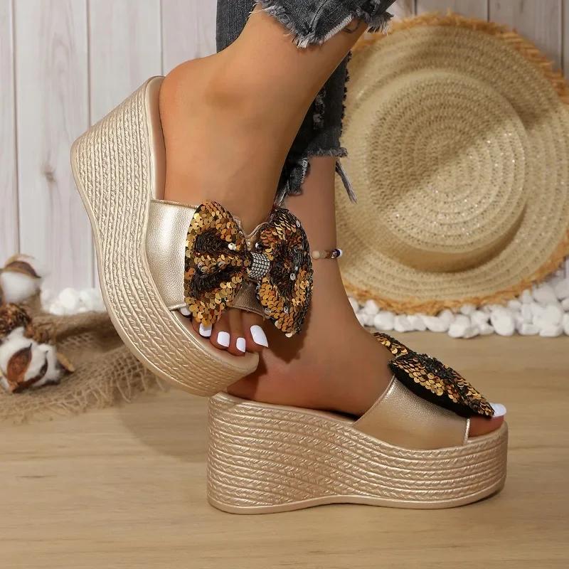 Fashion Women's Shoes 2024 Plus Size Women's Sandals Fashion Sequins Butterfly-knot Dress Slippers Women New Peep Toe Wedge Slippers
