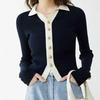 Women's Autumn Color Block French Knit Cardigan with Lapel - Slim Fit Sweater Coat