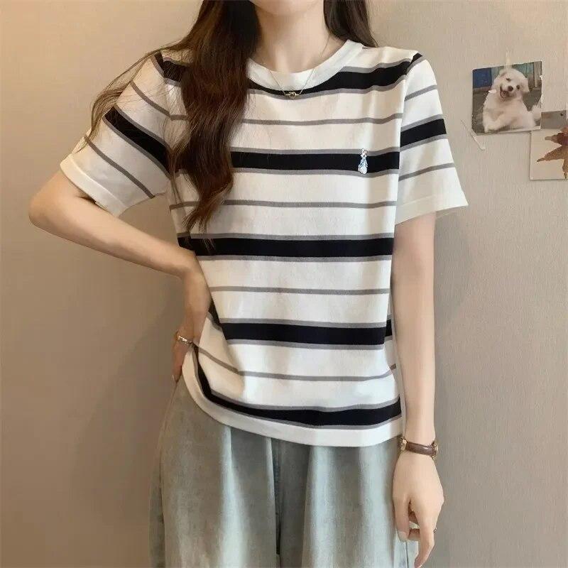 Vară fată tânără dungi desen animat broderie Pulovere Tricou coreean Femei Casual larg Mânecă Scurtă student Tricouri y2k top Streetwear Feminin