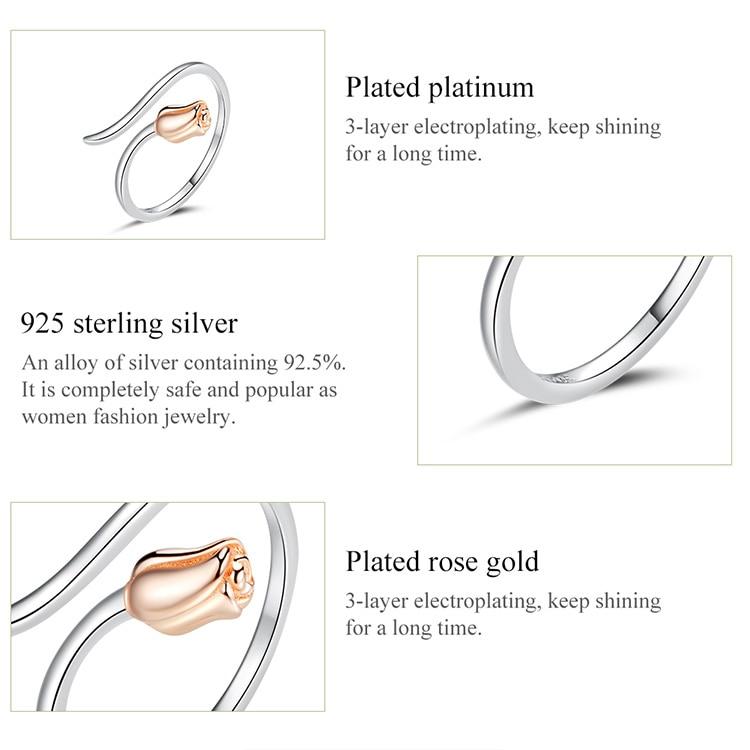 Bamoer Justerbar Rose Finger Rins 925 Sterling Sølv Vintage Platinum Ring for kvinner Romantisk Valentinsdag gave