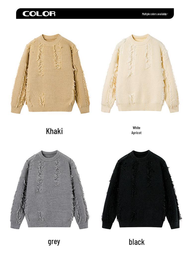 Unisex Fringe Textured Sweater, Loose Round Neck Knitwear - Japanese Lazy Style, Perfect for Autumn/Winter