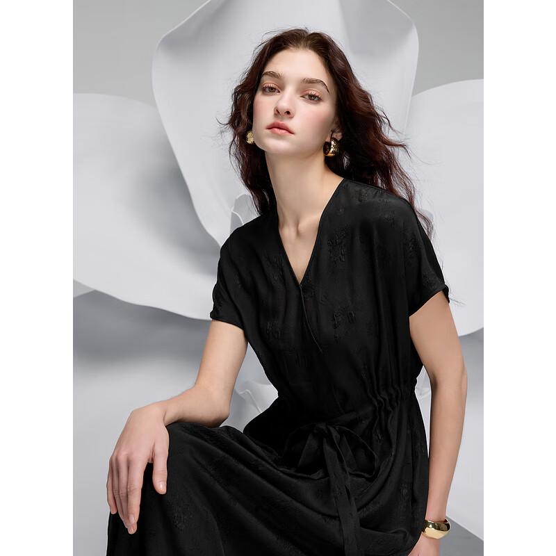2025 Spring Mulberry Silk V-Neck Jacquard Drawstring Long Dress