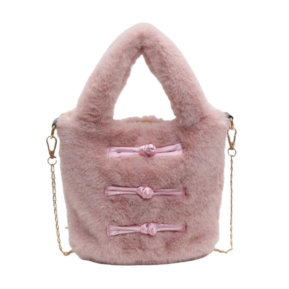 

Pan Buckle Chinese Style Plush Bucket Bag Chain Crossbody Bag All-match Furry Chain Handbag Work розовый