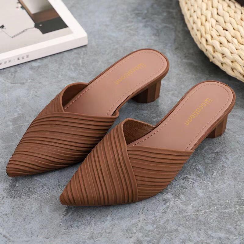 Women's Black Pointed Toe Half-Slippers - Korean Style Outdoor Fashion Thick Heeled Sandals for Summer