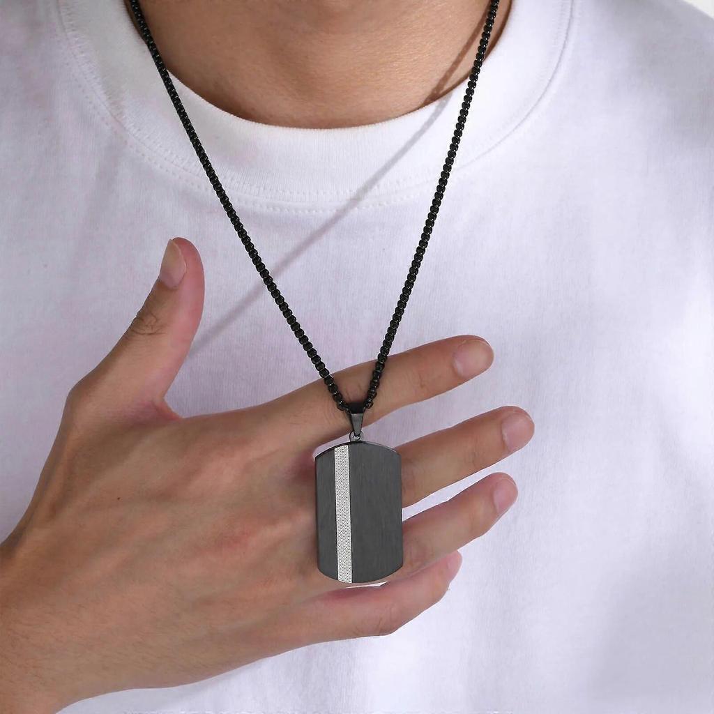 Black Dog Tag Necklaces for Men, Anti Allergy Stainless Steel Square Geometric Pendant Collar with Box Link Chain