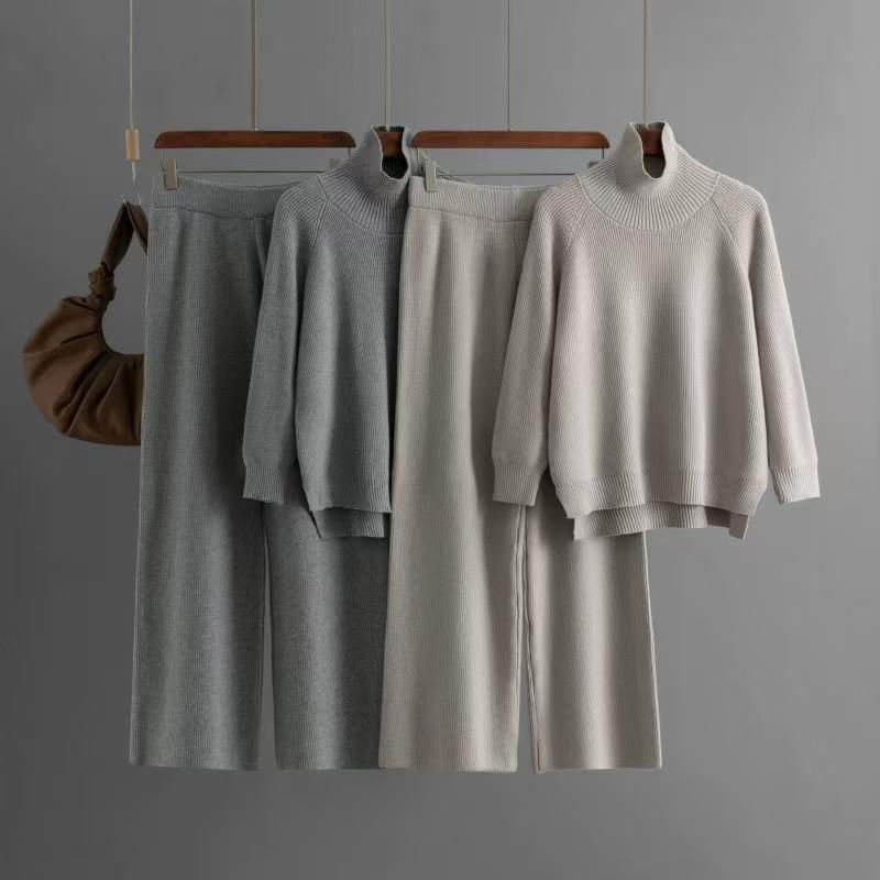 Fashion Pure Color Knitting Turtleneck Sweater Loose Pants Suit Knited Sweater and Pants Set