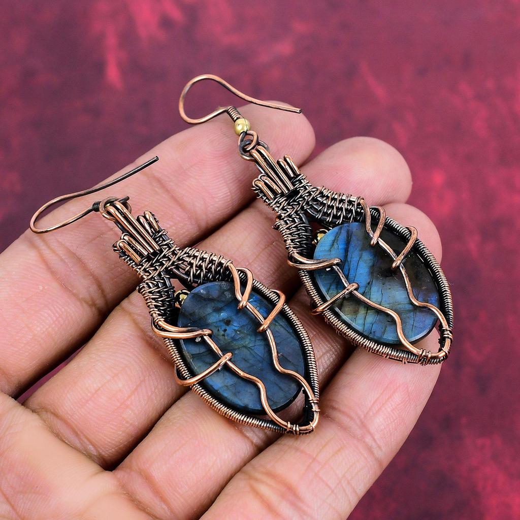 Boucle d'oreille Labradorite Boucles d'oreilles Enroulées Fil de Cuivre Boucle d'oreille Faite à la Main Bijoux en Cuivre Boucle d'oreille Pierre Précieuse Authentique Bijoux Enroulés Fil Cadeaux Pour Ami