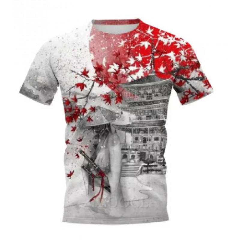 Mens Short Sleeve T-Shirt With 3D Samurai Graphic Print Breathable Cotton Blend Streetwear Style