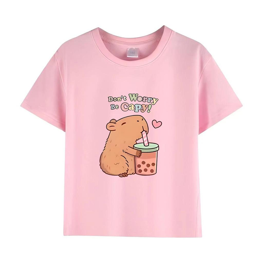 Capybara Kids Summer Cartoon Print T-Shirt 100% Cotton Short Sleeve Crewneck Casual Top for Girls Fashion Tees