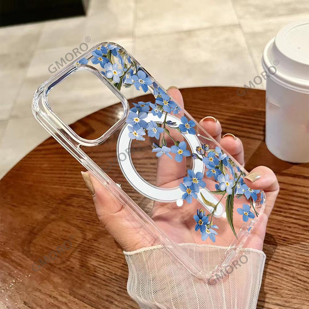Fresh ins wind flower mobile phone case iPhone15 Alec transparent anti-drop MagSafe magnetic case Apple 17