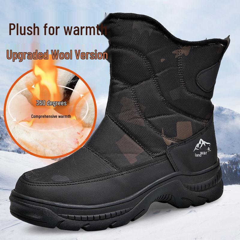 Men's Black High-Top Winter Snow Boots - Thickened, Non-Slip, Warm Cotton, With Zipper
