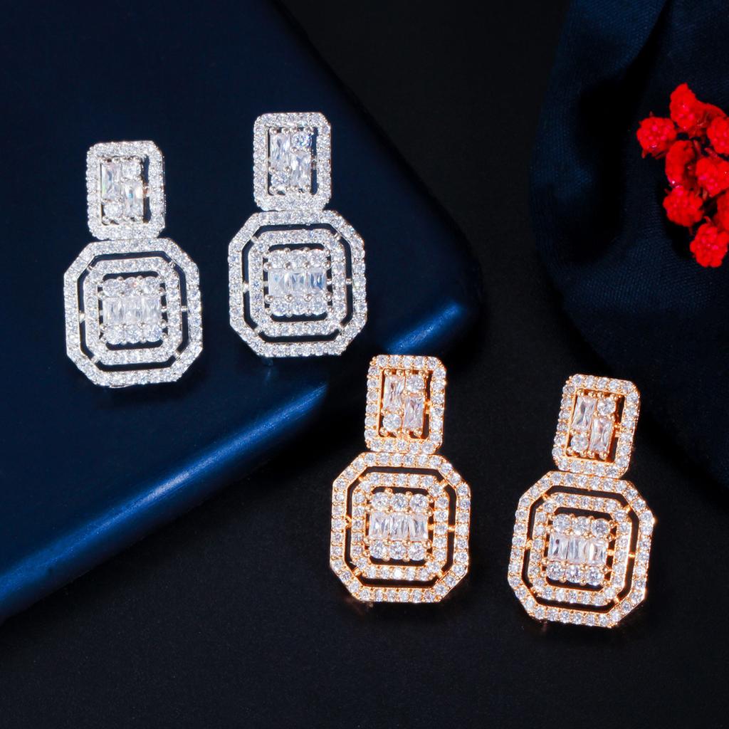 Bridal Wedding Necklace, Earrings, Rings, Bracelets, Zircon Set, Wedding Dress Accessories, Square Zircon Four-Piece Set.
