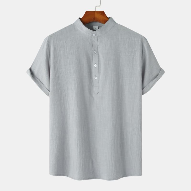 Summer Men's Cotton Linen Stand Collar Casual Short Sleeved Shirt Beach T-shirt Shirt Men's Clothing