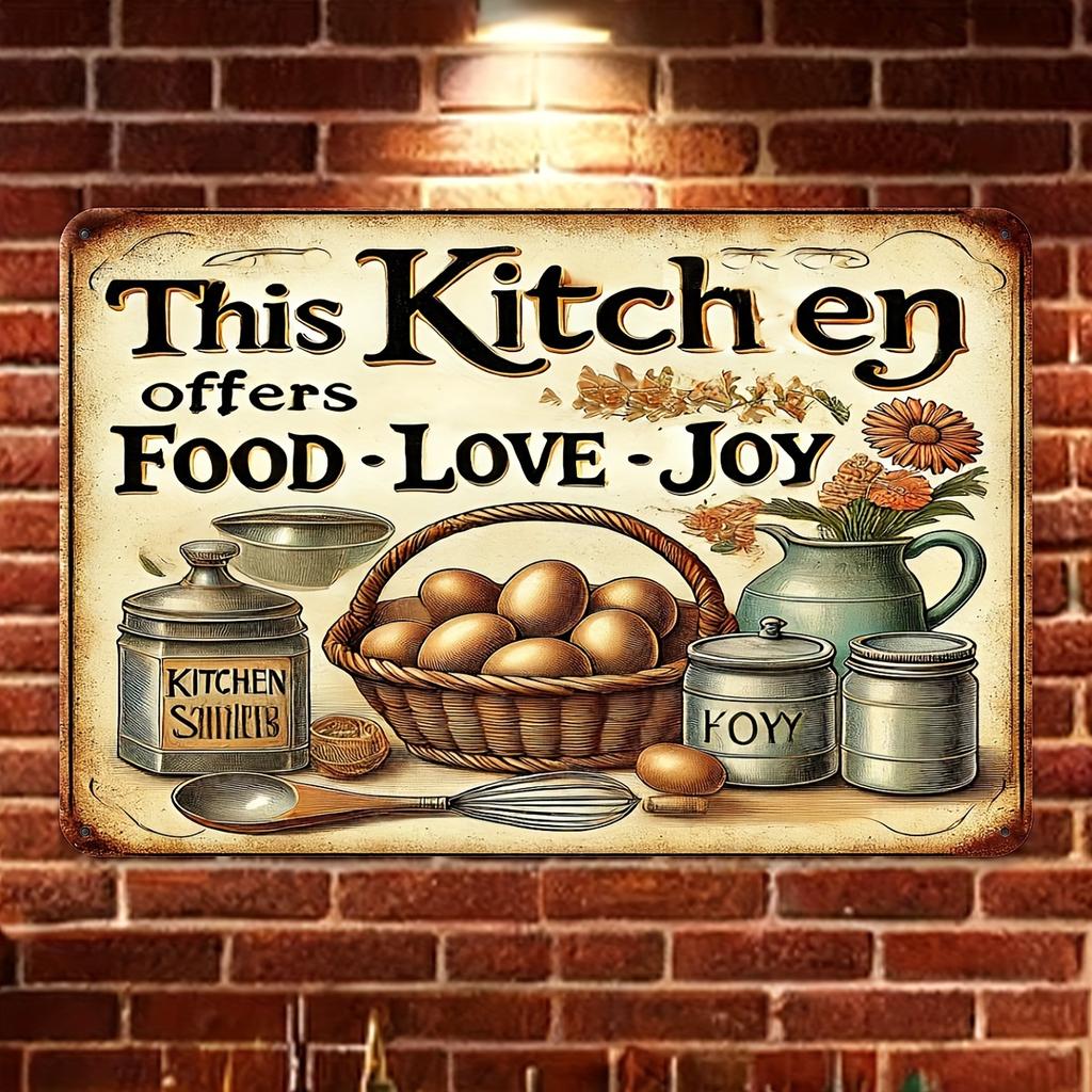 Rustikales Bauernhaus-Küche Blechschild, Vintage Wandkunst mit "Diese Küche bietet Essen, Liebe, Freude" Design - Langlebige Eisenkonstruktion