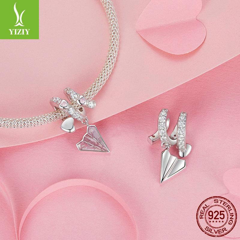Pink Paper Plane Love Letter Diy Bracelet Beaded, Romantic Valentine'S Day S925 Silver Pendant Jewelry Accessories