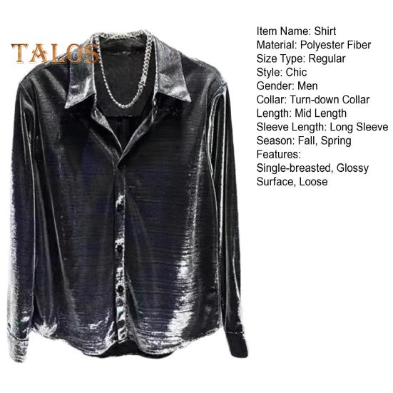 Men Shirt Turn-down Collar Loose Glossy Surface Single-breasted Loose Long Sleeve Top Club Party Casual Formal Wear Shirt