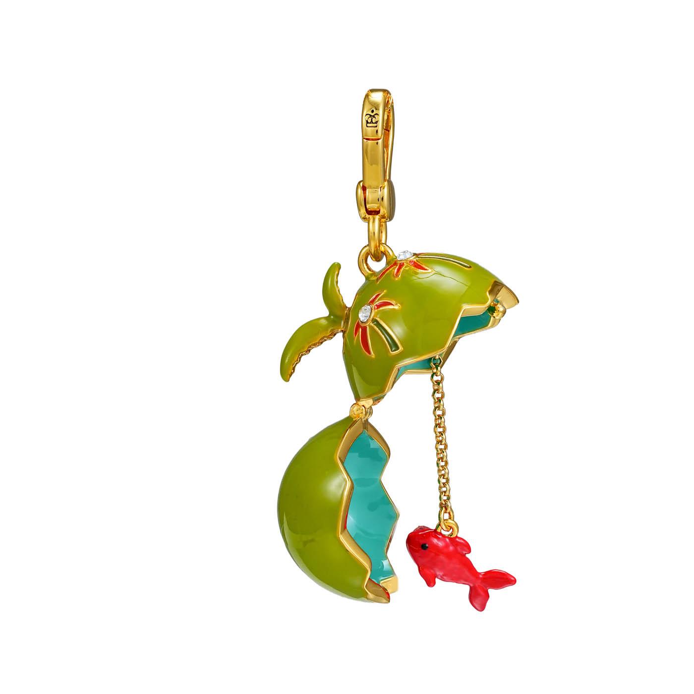 

3D кулон-шар из зеленого кокоса со стразами и открывающейся красной рыбкой на ключичной цепи