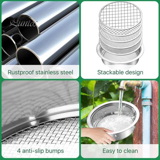 Soil Sifter Set Stainless Steel Sieve Frame with 5 Mesh Sieve Pans Rustproof Garden Sieve Kit for Stones Weeds Filtration