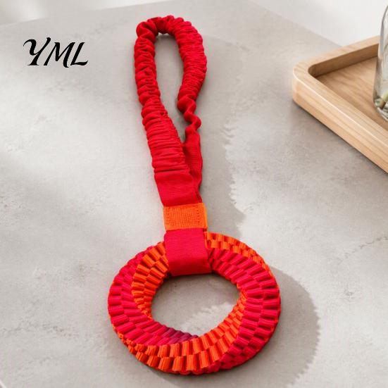 Tear Resistant Dog Toys Bungee Tug Toy, Woven Ring with Long Handle, Interactive Chew Teeth Soft Polyester Rope Cleaning Toy for Medium Large