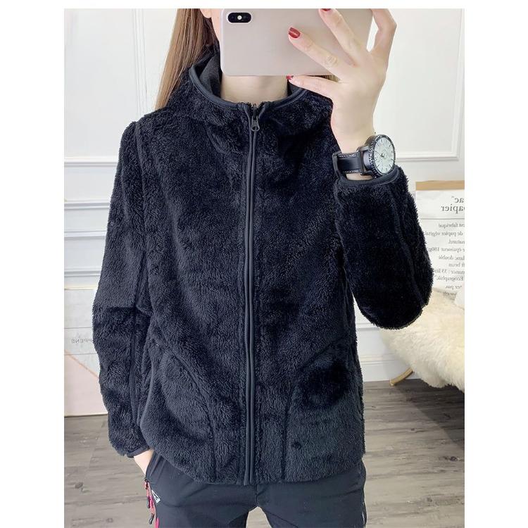 Autumn Thickened Plush Hooded Both Sides Wear Women Coat Long Sleeve Warm Slim Fleece Clothes