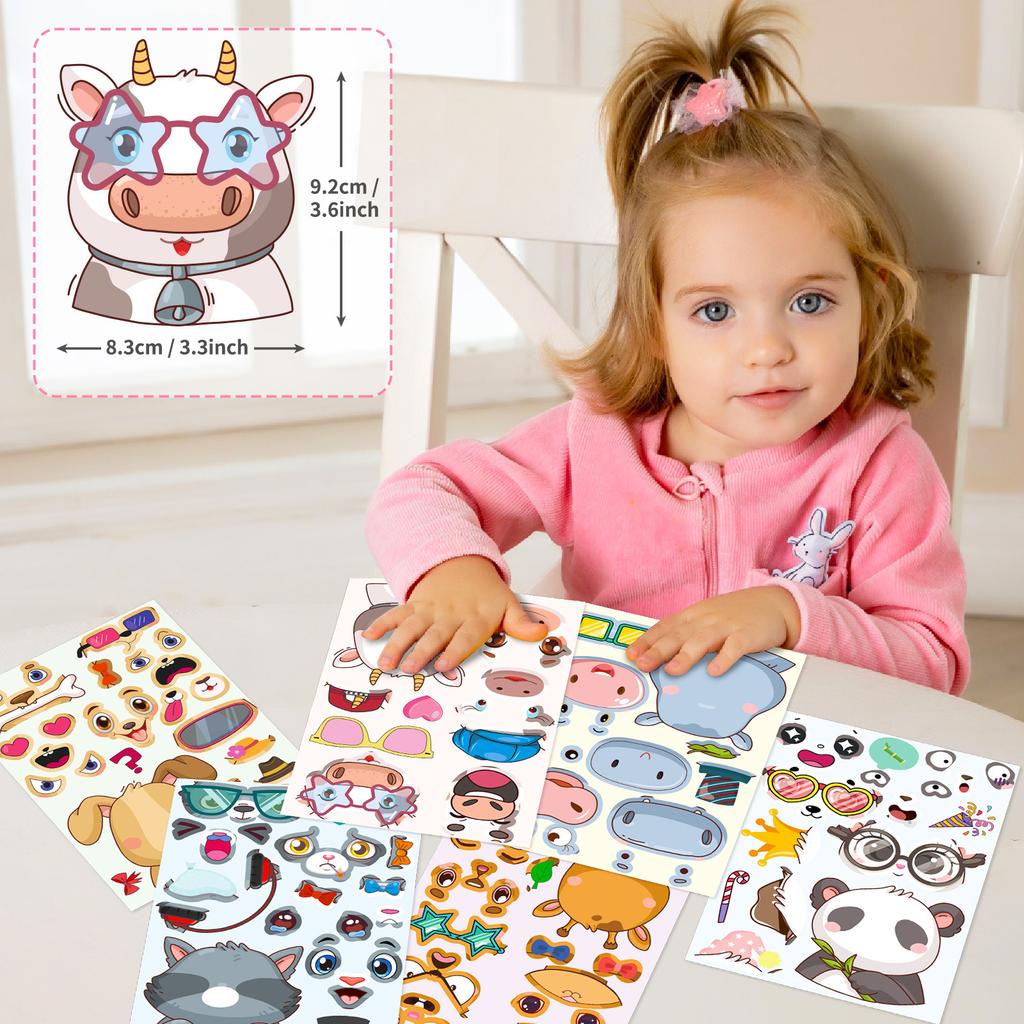 6 Pictures/pack of Beautiful Animals Hippo Cow Giraffe Cartoon Collage Children's Education Decoration Stickers