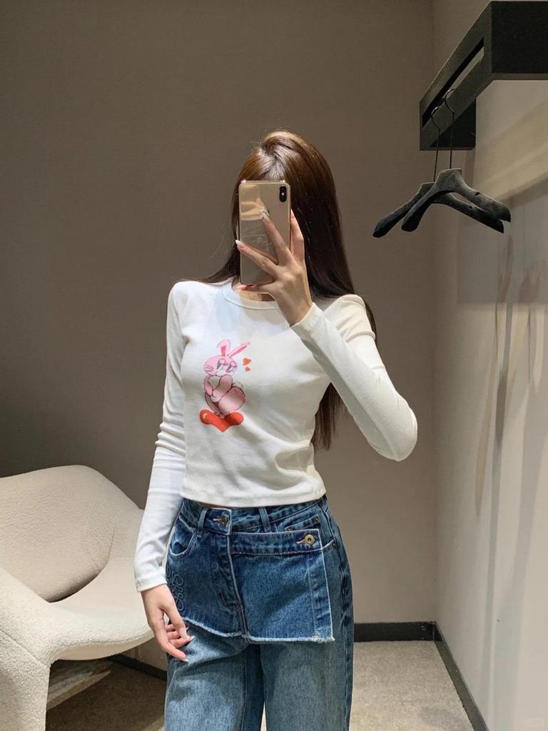 Spicy Girl Style 25SS Autumn/Winter High-Waisted Long-Sleeve Heart Rabbit T-Shirt