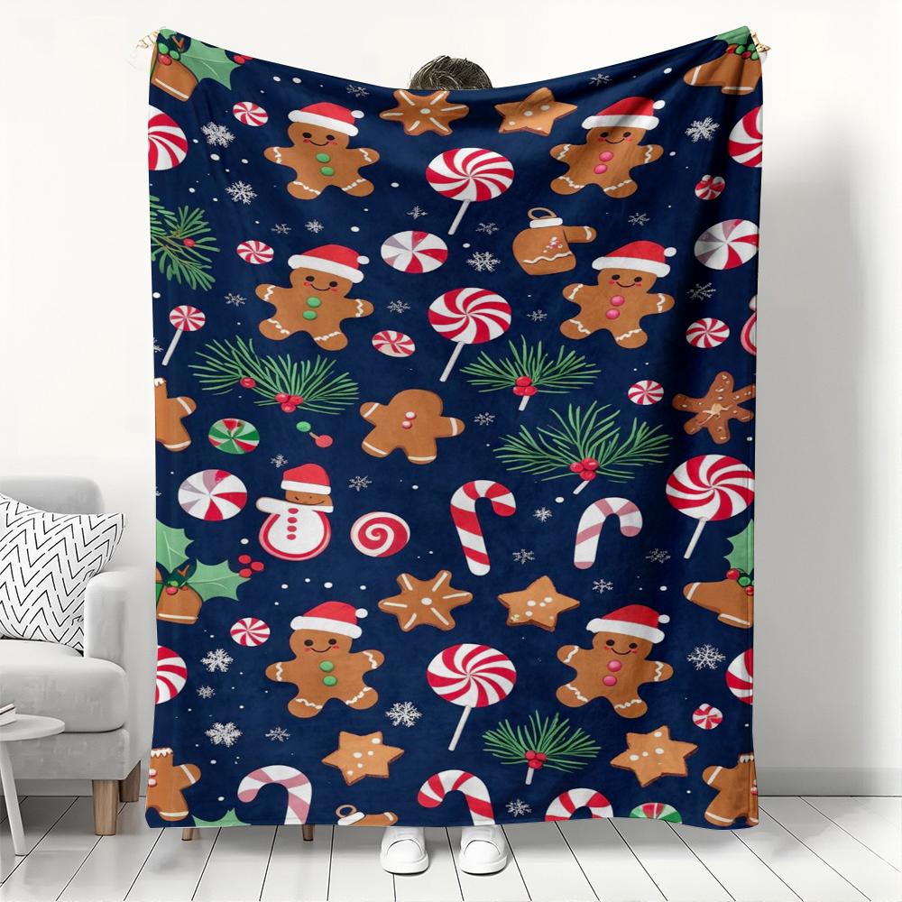 

Christmas Gingerbread Man & Candy Pattern Fleece Blanket Navy Blue Festive Throw Blanket for Couch Bed Lounging Ideal Gifts 30x40in