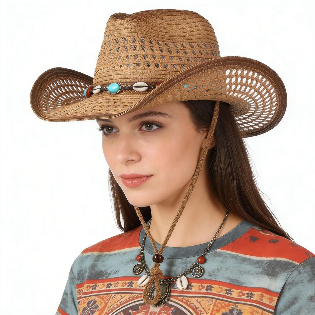 Western Cowboy Hat, Hollowed-out Straw Hat, Outdoor Seaside Vacation Ethnic Style, Versatile Turquoise Sun Protection Hat