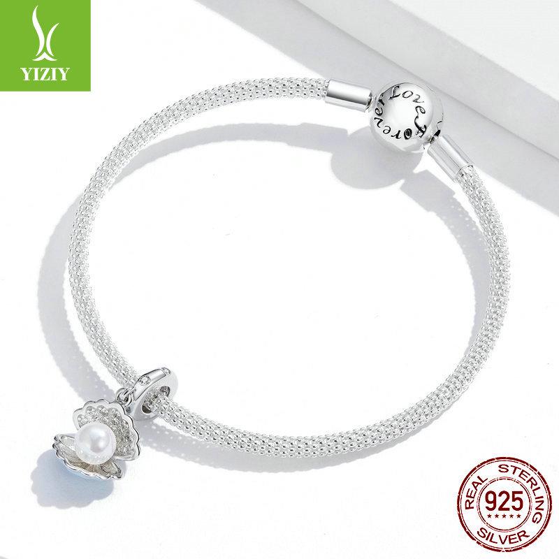 Yinziyun S925 Sterling Silver Pearl Oyster Pendant Bracelet, Fashion Inlaid Pearl DIY String BSC242