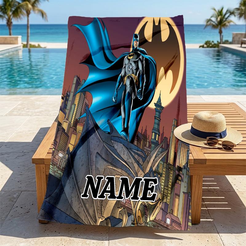 Custom Name Batman Cityscape Stylish Digital Printing Beach Towel Quick‑Drying Absorbent Blanket for Beach Pool Gym Travel
