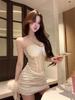 Elegant French Socialite Bandeau Patchwork Bodycon Dress – Women's Luxury Strappy Hip-Hugging Skirt