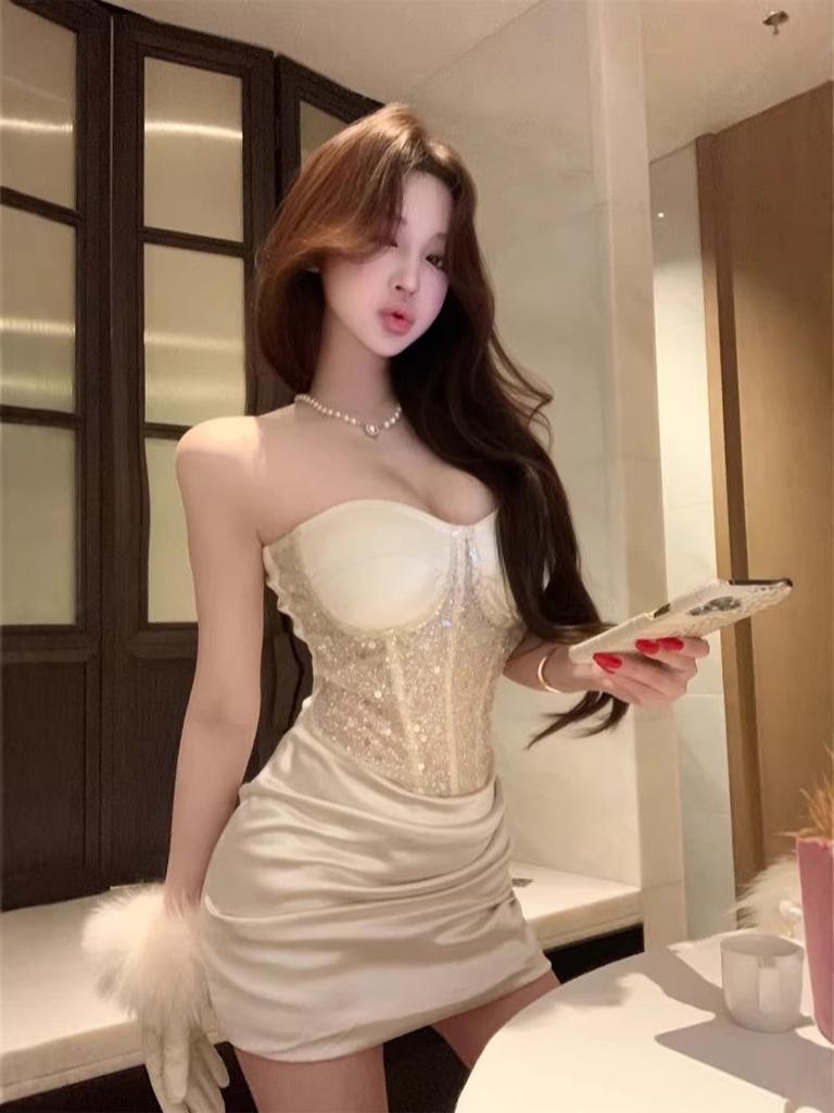 Elegant French Socialite Bandeau Patchwork Bodycon Dress – Women's Luxury Strappy Hip-Hugging Skirt