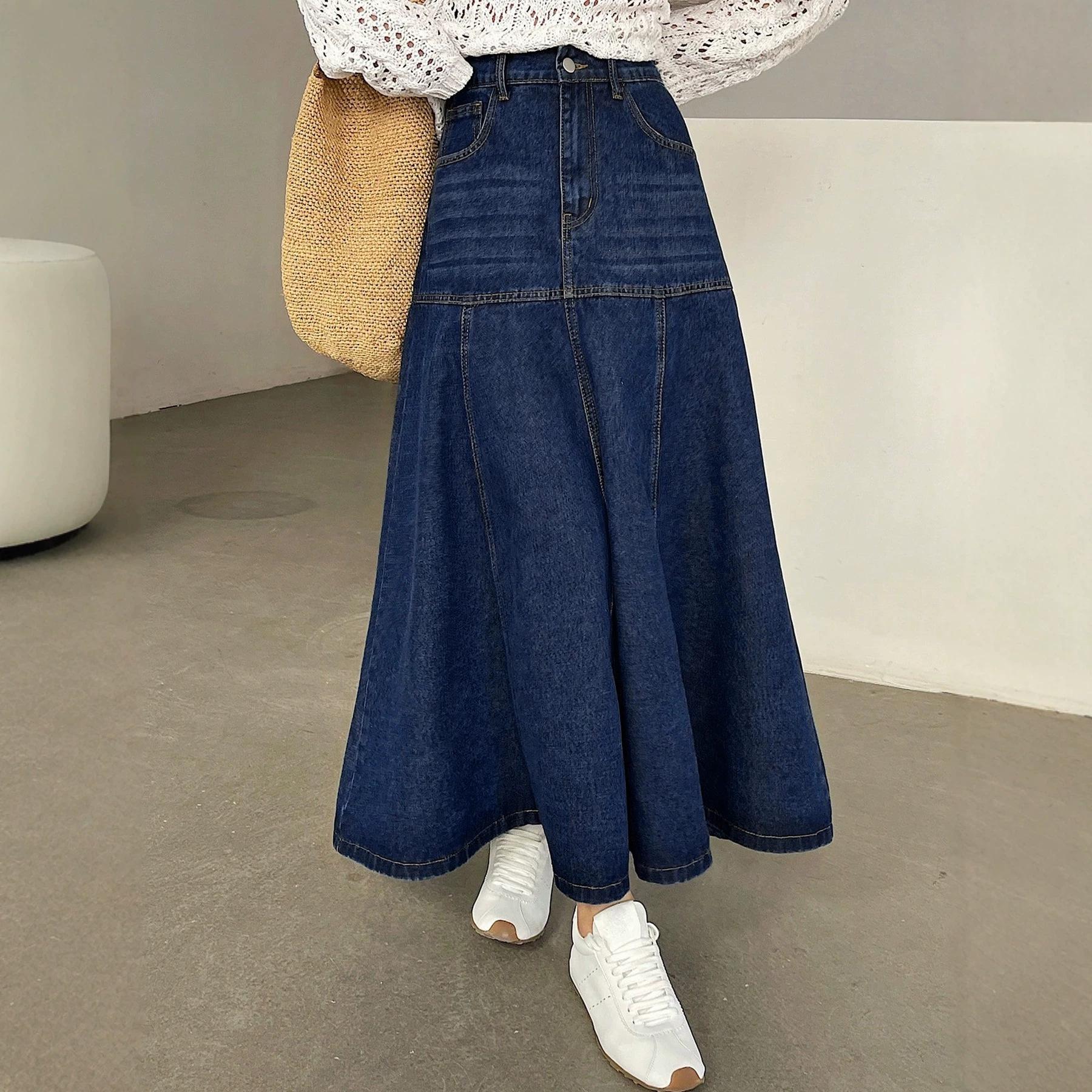 Denim Skirt for Women Retro High Waisted Button Fly Flared Jean Skirts Pleated Flowy Swing A-line Denim Maxi Skirts Womens Casual Vintage Denim Skirts S