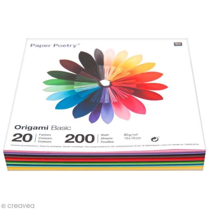 Papier origami 10 x 10 cm - 20 couleurs - RICO DESIGN - Kit de 200 feuilles