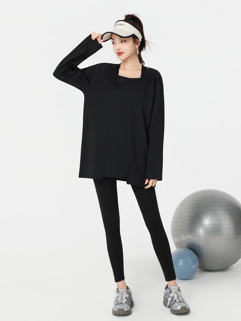 2026 Spring/Autumn Women's Plus Size Yoga Set - Loose Fit Long Sleeve Top & Skinny Tights Fitness Ensemble