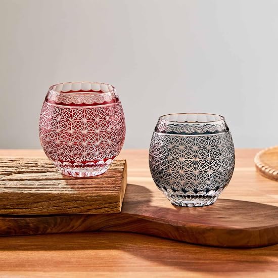 LUGUFON Kiriko Glass Rock Glass Pair Cute Kikutsunagi Pattern Dishwasher Safe in Paulownia Box for C