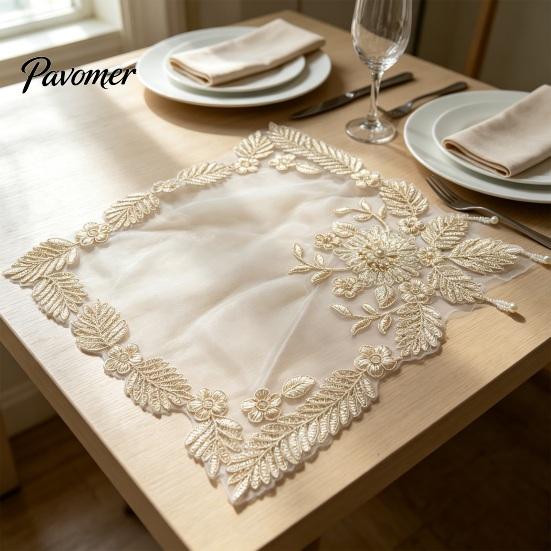 Anti Scald Table Protectors for Home Floral Embroidered Placemat, Heat Insulation Mat with Beads, Decorative Mats Dressing Retro Coaster Wedding