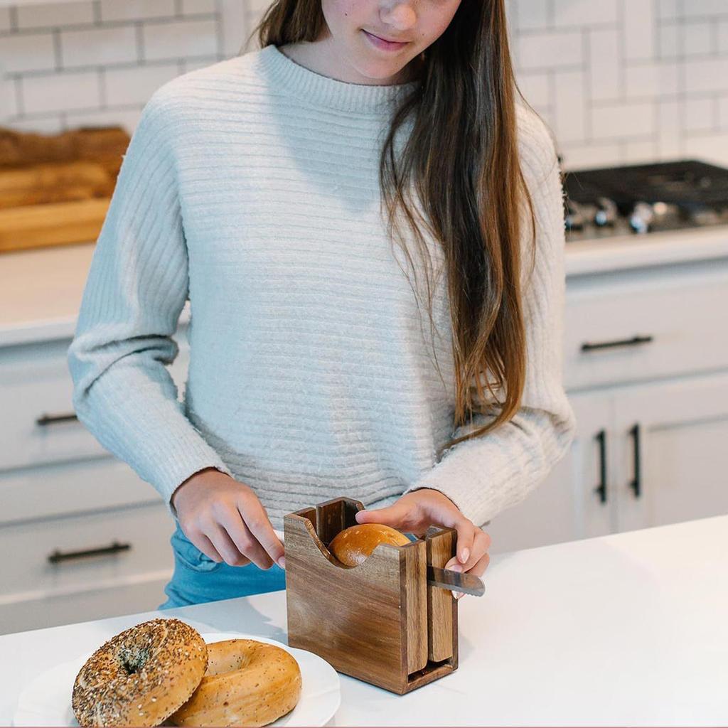 Coupe-bagel en bois durable Porte-bagel avec surface lisse Coupe-pain multifonctionnel pour la cuisine à domicile et la pâtisserie