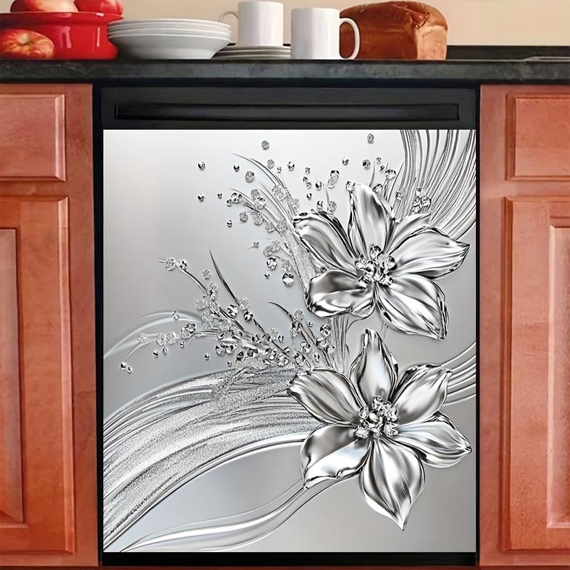 Vertical PVC Dishwasher Door Cover Sticker, Metal Silvery Embossed Flower Pattern Door Sticker, Waterproof And Stain-Resistant, Easy to Clean