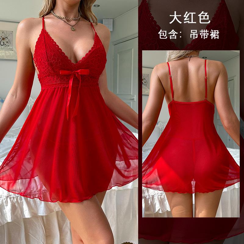 Sexy Netz-Durchsichtige Spitze Pyjamas Mehrfarbige Optionen Cami Nachthemd Damen Bequeme Loungewear 716 Atmungsaktiv Flirty Nachtwäsche Ideal für Warmes Wetter