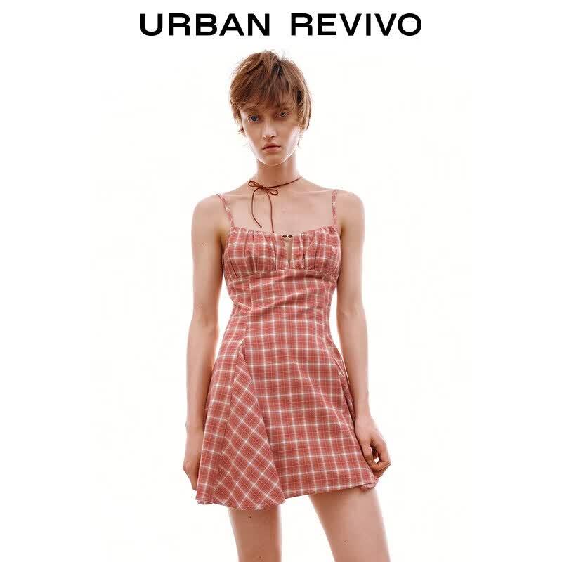 UR 2026 Women s Cotton Plaid Beaded Pleated Sling Dress L
