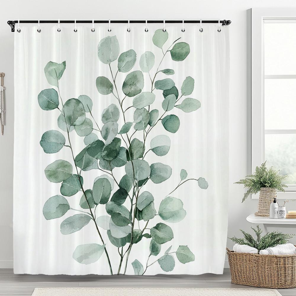 Green Leaf Shower Curtain, Plants and Eucalyptus Leaves Bathroom Decor, Waterproof Polyester Shower Curtain, Home Decor Curtain