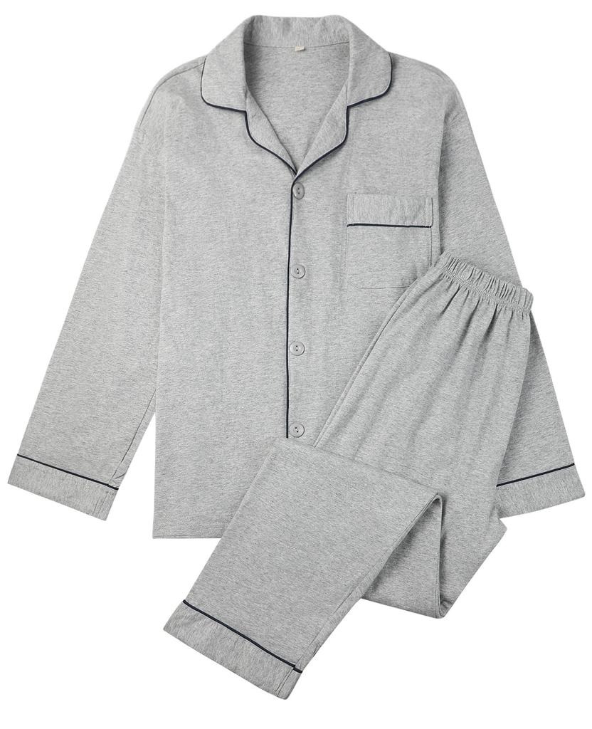 Lecone Long Sleeve Spring Open Tailored Solid Comfortable Perfect for Hospital and and Winter Men's Pajamas, 100% Cotton, Loungewear, Front, Collar,