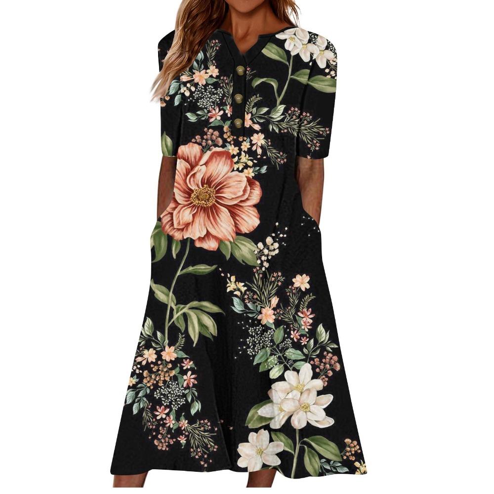 Women's V‑Neck Button Short Sleeve Midi Dress Loose Printed Casual Dress With Side Pockets
