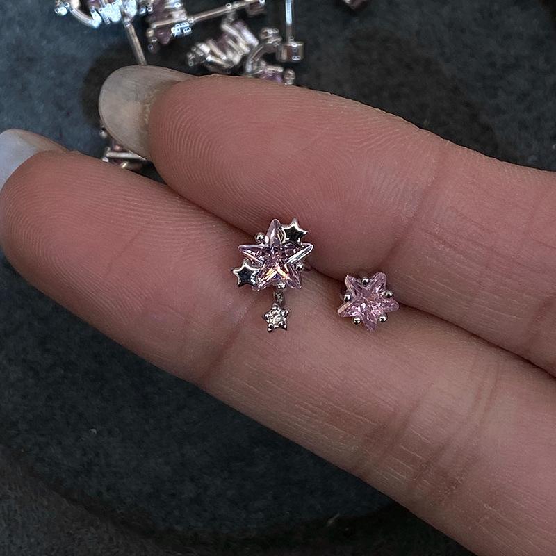 Pink Asymmetric Five Point Star Earrings with Sparkling Cubic Zirconia Sweet Light Luxury Dangle Earrings