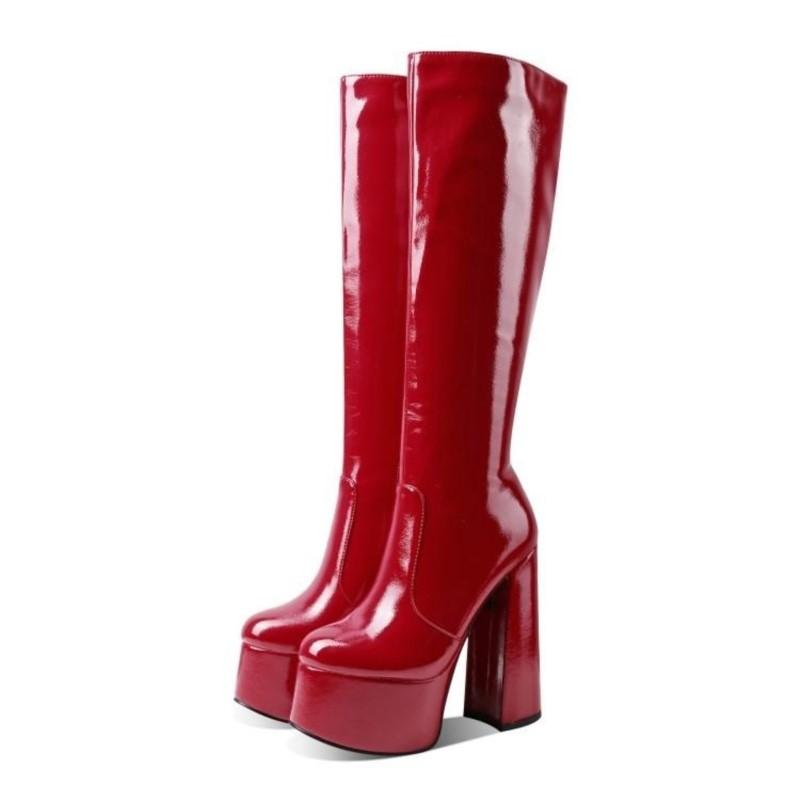 Stivali a Gambale Alto da Donna Rossi con Tacco Grosso e Zip Laterale Nuovi per la Primavera/Estate 2025 Moda Street da Passerella Taglia Grande 43