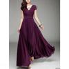 Damenmode V-Ausschnitt Kurzarm Abend Party Kleid Temperament Volltonfarbe Lang Cocktail Chiffon Hohe Taille Sommerkleider