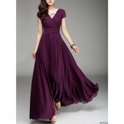 Moda feminina com decote em v manga curta vestido de festa à noite temperamento cor sólida longo cocktail chiffon cintura alta vestidos de verão